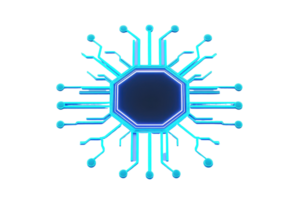 A stylized microchip design with radiating circuits, featuring a central octagonal shape highlighted by glowing blue elements. png