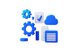 A collection of blue icons representing gears, documents, a cloud, and checkmarks, symbolizing technology and data management. png