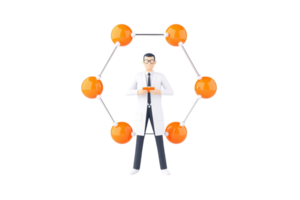 A scientist in a lab coat stands confidently, surrounded by orange atoms, symbolizing research and molecular science. png