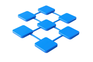 A network of blue geometric squares connected by lines, creating a structured layout that suggests connectivity and organization. png