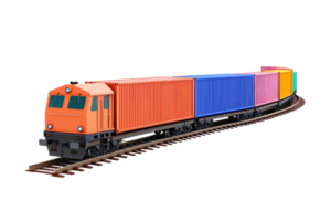 A colorful freight train with multiple containers is shown on curved tracks, showcasing its cargo capacity and vibrant design. png