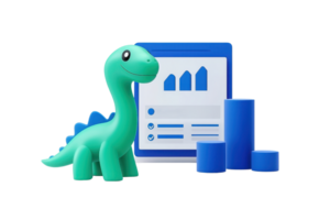 A playful green dinosaur figure stands beside a chart displaying various data metrics. png
