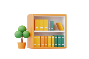 A colorful bookshelf featuring neatly arranged books of various sizes alongside a small decorative potted plant. png