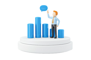 A business figure standing on a platform next to blue bar graphs, gesturing with one hand while speaking. png