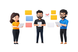 Three cartoon characters engage in discussion, holding papers and surrounded by colorful blocks representing ideas or notes. png
