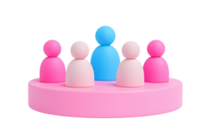A group of five stylized figurines in varying colors, with one blue figure standing prominently among four pink and white figures on a circular base. png