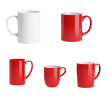A collection of mugs featuring two red mugs and one white mug, showcasing different shapes and sizes. png