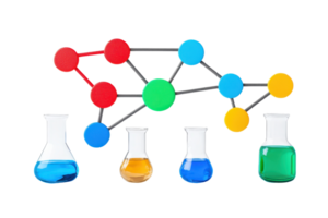 Colorful laboratory flasks filled with liquids in various shades, connected by a network of colored nodes representing molecular structures. png