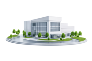 A modern architectural building surrounded by greenery, featuring large glass windows and a contemporary design. png