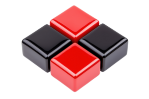A set of three glossy cubes in red and black arranged in a square pattern. png