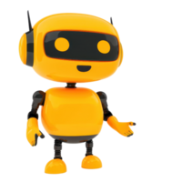 A cheerful yellow robot character with a rounded body, large eyes, and a friendly smile, posed as if inviting conversation. png