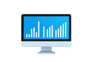 A sleek monitor displaying a blue screen with rising bar graphs, symbolizing data analysis and growth trends. png