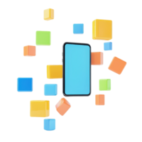 A smartphone surrounded by colorful geometric blocks in various shapes and sizes. png