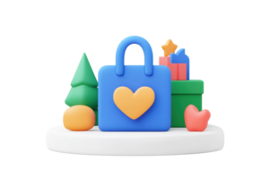 A colorful shopping bag with a heart symbol, surrounded by gift boxes and playful shapes, conveying a festive and cheerful vibe. png