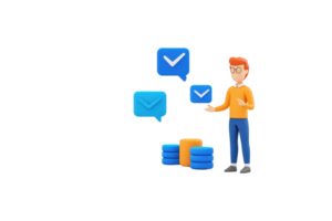 A person in an orange shirt stands next to blue data stacks, interacting with blue message icons that include checkmarks. png