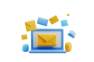 A colorful laptop displays an envelope, surrounded by various mail icons, symbolizing digital communication. png