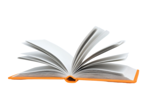 An open book with pages fanned out, showcasing its inner content and vibrant orange binding. png