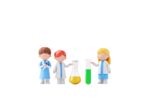 A group of three cartoonish scientists, each wearing lab coats, interacting with colorful beakers and flasks filled with various liquids. png
