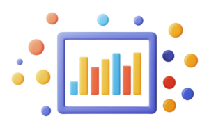 A colorful bar chart displayed within a rectangular frame, surrounded by multiple circular dots of varying sizes and colors. png