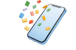 A smartphone with colorful app icons floating above its screen, emphasizing digital connectivity and technology. png