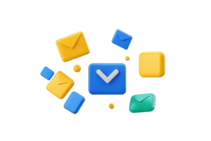A collection of colorful email icons, including different shapes and sizes, arranged playfully around a central blue envelope with a checkmark. png