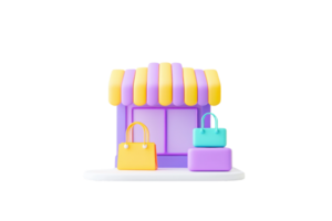 A colorful shop display featuring bags, with a striped awning and pastel colors, creating a vibrant retail scene. png