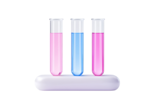 Three test tubes filled with colorful liquids, displayed on a sleek base. png