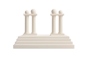 A minimalist sculpture featuring two columns and two spheres atop a tiered base, embodying classical architectural elements. png