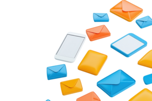 Colorful envelopes and a smartphone float against a transparent background, representing digital communication and messaging. png
