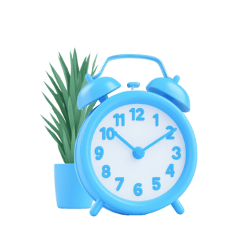 ein Blau Alarm Uhr mit ein Weiß Gesicht und schwarz Zahlen, begleitet durch ein klein Grün Pflanze im ein Topf. png