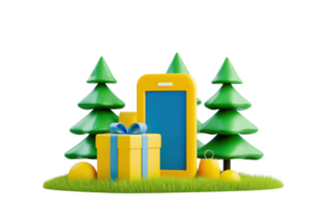 A vibrant smartphone alongside a gift box, surrounded by stylized trees, creating a playful and festive atmosphere. png