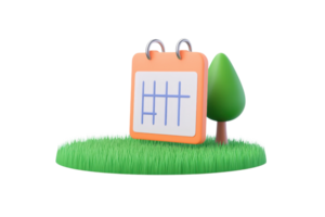 A colorful calendar with a grid design, accompanied by a stylized green tree, set on a grassy surface. png