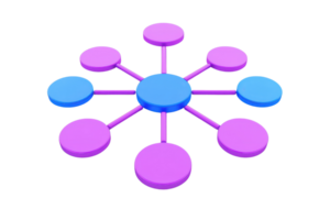 A central circle connected by lines to surrounding circles in vibrant colors, representing a network or flow of information. png