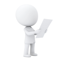 A 3D character dressed in a lab coat holding a document, representing a professional figure in a clinical or academic setting. png