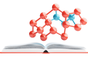 An open book with a molecular structure above it, illustrating the connection between literature and scientific concepts. png