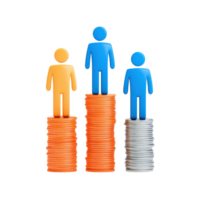 Three figurines stand atop stacks of coins, representing different heights and values, symbolizing competition or comparison. png
