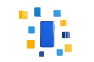 A collection of geometric shapes in vibrant colors, prominently featuring a blue rectangular shape surrounded by smaller squares. png