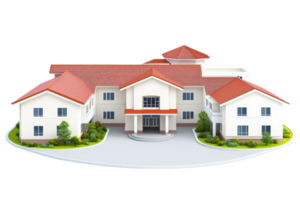 A modern residential building featuring multiple levels, a central entrance, and a combination of white walls and red roofs. png