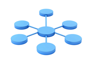 A blue, circular network diagram featuring a central node connected to six surrounding nodes by straight lines. png