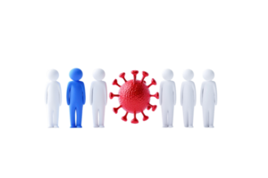 A group of figurines with one blue figure and a red virus model positioned centrally among white figures. png