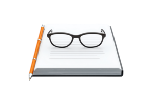 A pair of glasses rests on an open notebook with lined pages, accompanied by an orange pen. png