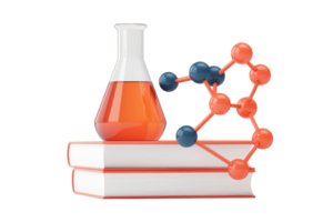 A colorful laboratory flask with an orange liquid sits atop two stacked books, accompanied by a molecular model. png