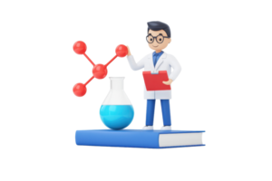 A cartoon scientist holds a red molecule while standing next to a blue flask and a book. png