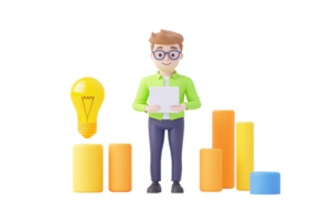 A man holds a document while standing beside colorful bar graphs and a light bulb, representing ideas and analysis. png