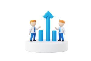 Two stylized figures in business attire stand beside a rising bar chart with an upward arrow, symbolizing growth and success. png