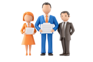 Three cartoon business figures hold documents, dressed in professional attire, representing teamwork and collaboration in a corporate environment. png