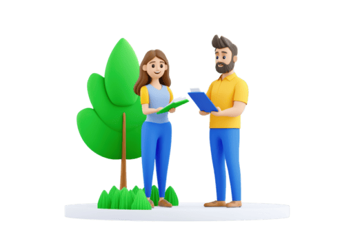 un hombre y mujer interactuar mientras participación cuadernos, acompañado por un verde árbol, creando un escena de colaboración en un estilizado ambiente. png