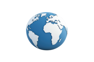 A three-dimensional globe illustrating continents and oceans with a blue and white color scheme. png