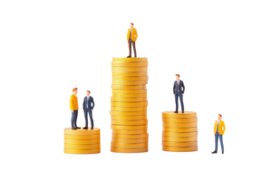 Miniature figures stand atop stacks of gold coins, representing growth and investment in a financial context. png