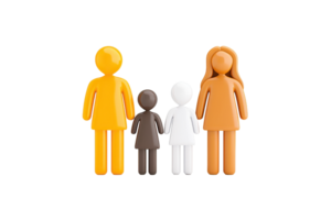 Four stylized figures representing a diverse family, each with distinct colors and sizes, showcasing unity and inclusiveness. png